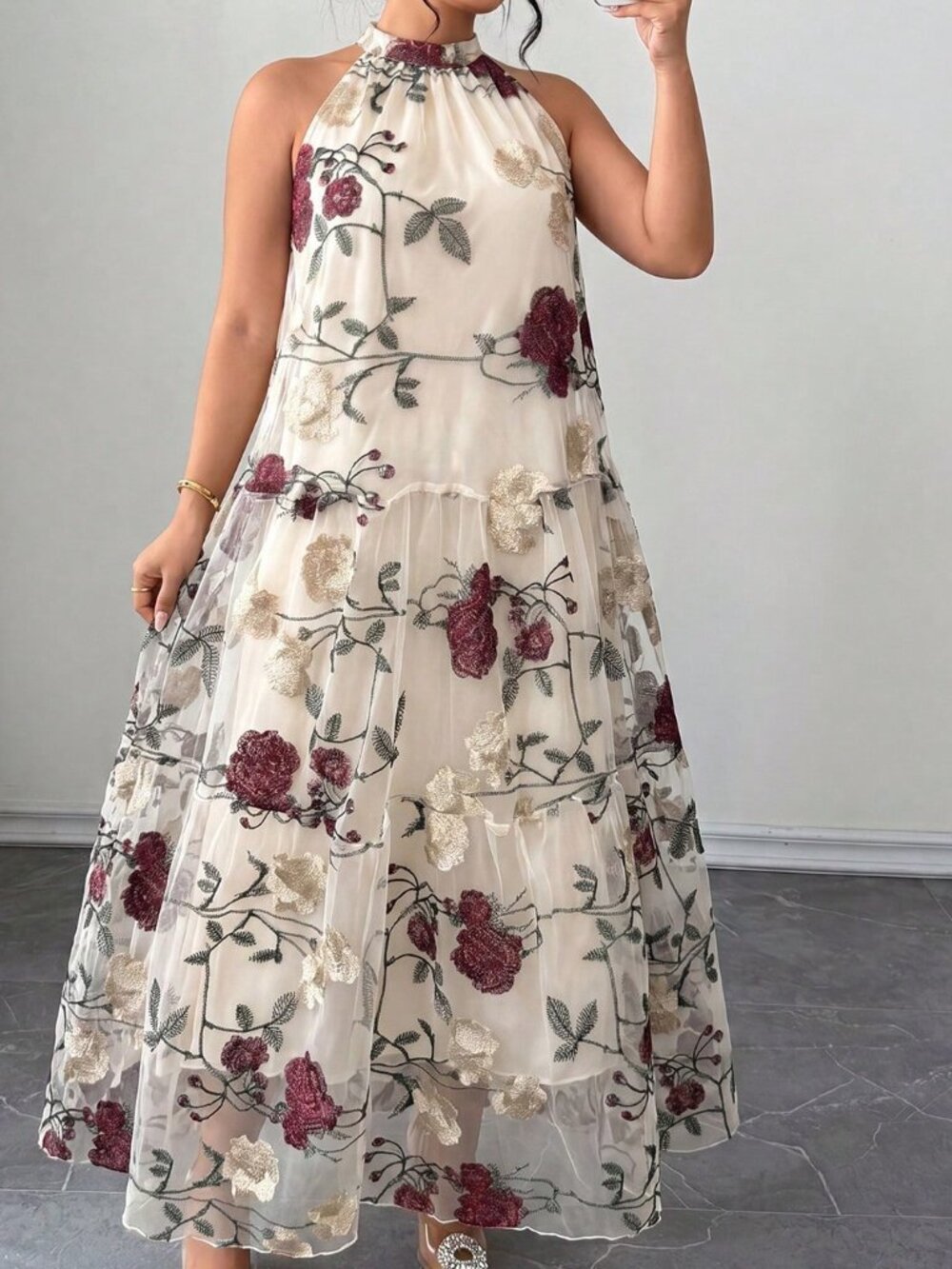 Beige Boho Women's Backless Pearls Ruffle Hem Sleeveless Tiered Long Maxi Dress - Picture 5 of 7